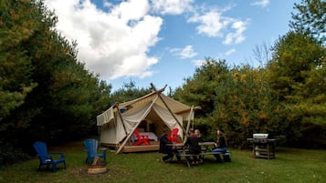 A tent with a sleeping area and a table, surrounded by trees.