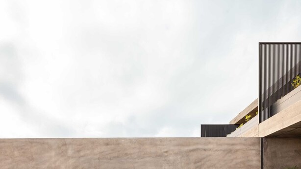 Ein moderner Pool im Freien mit minimalistischem Design, umgeben von Grünpflanzen und einer Betonmauer.