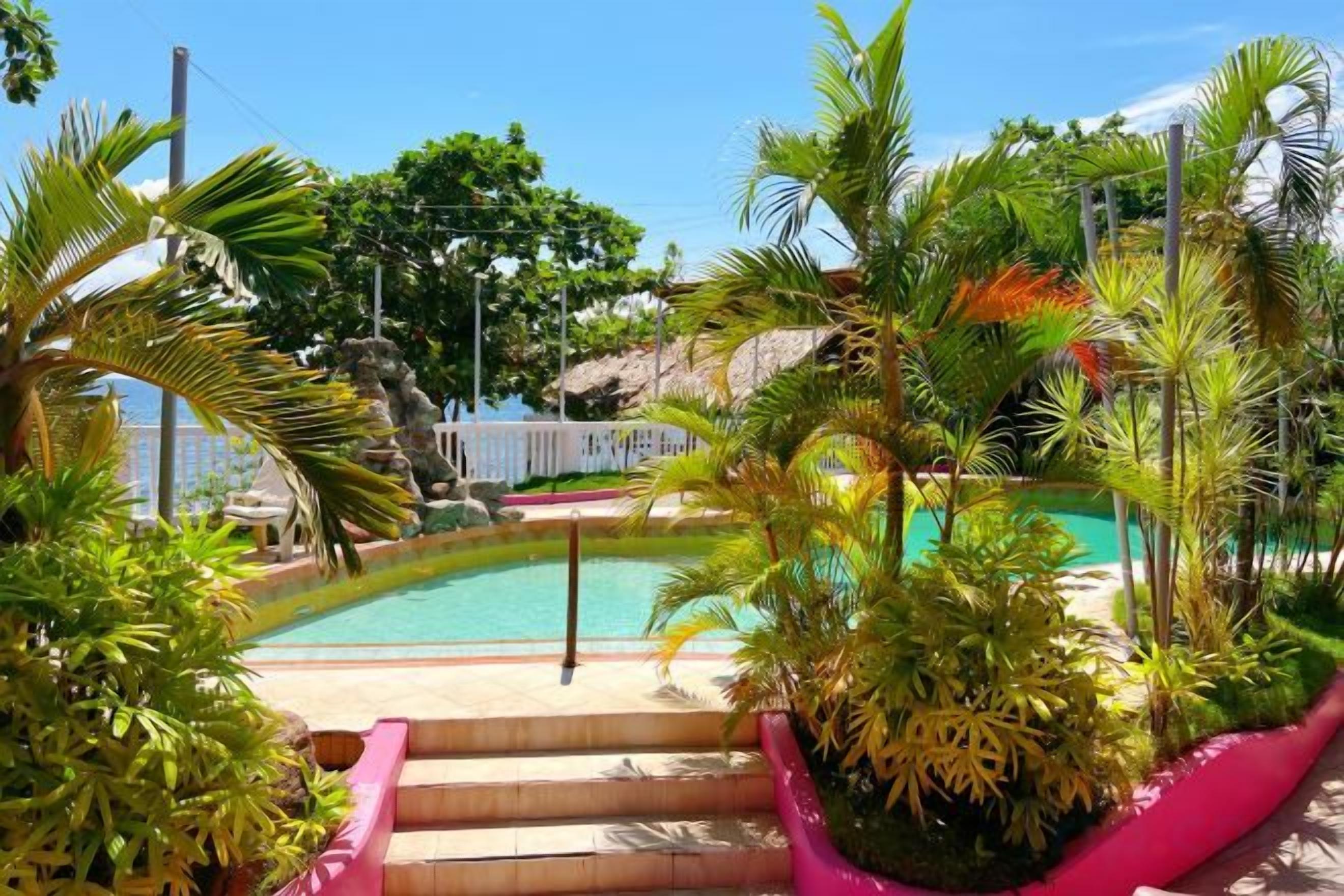 A pool surrounded by tropical plants and a staircase leading to a higher level.