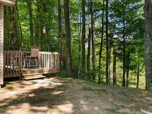 A wooden deck with chairs and a table, surrounded by tall trees.