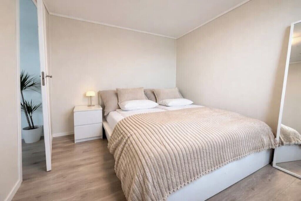 Une chambre à coucher avec un lit, des tables de chevet, une lampe et une plante en pot.