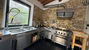 A kitchen with a stone wall, stainless steel appliances, a window with a view, and a wooden ceiling. - Casolare Michelangelo with garden near Florence (Toscana)