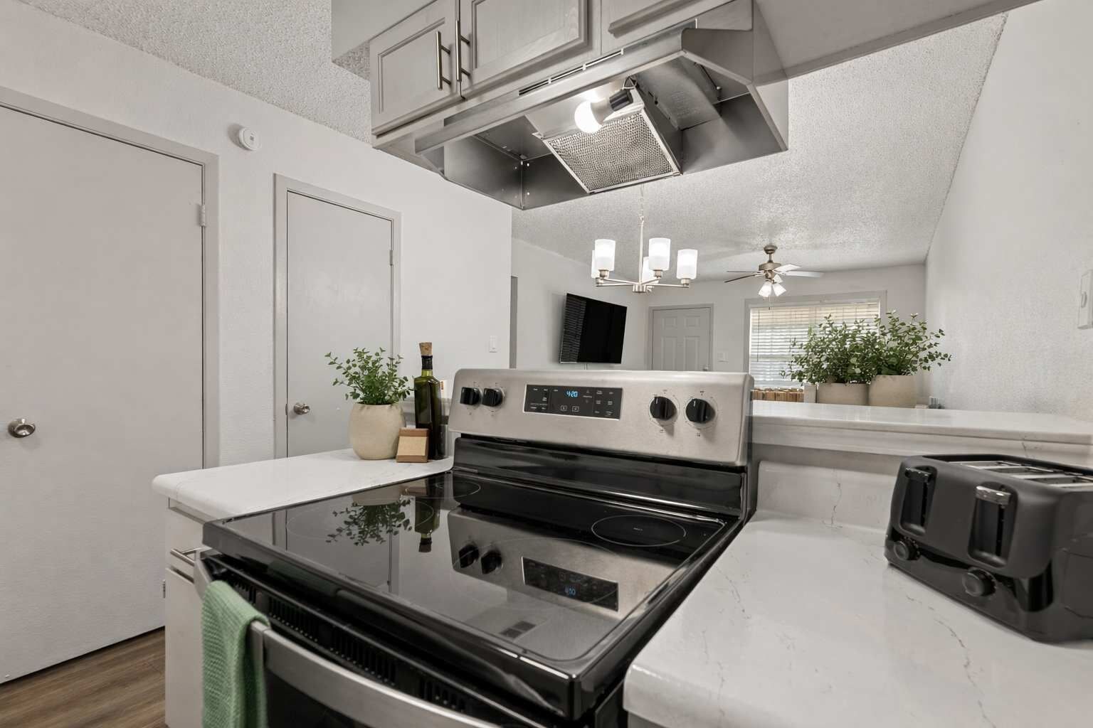 A modern kitchen with a stainless steel stove, a built-in oven, and a toaster. There is a potted plant on the counter and a ceiling fan above.