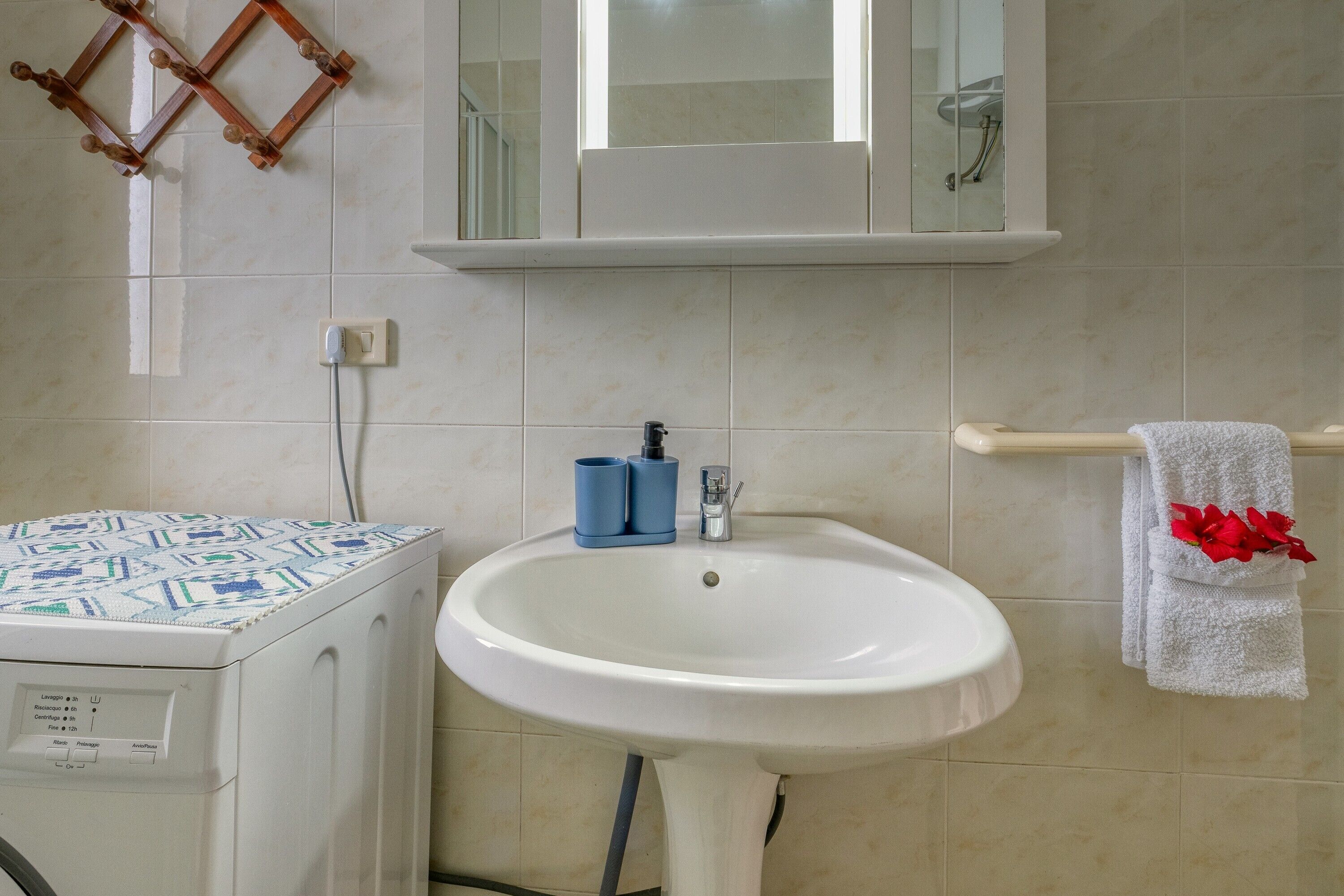 Une salle de bain avec un lavabo blanc, un miroir et un porte-serviettes.