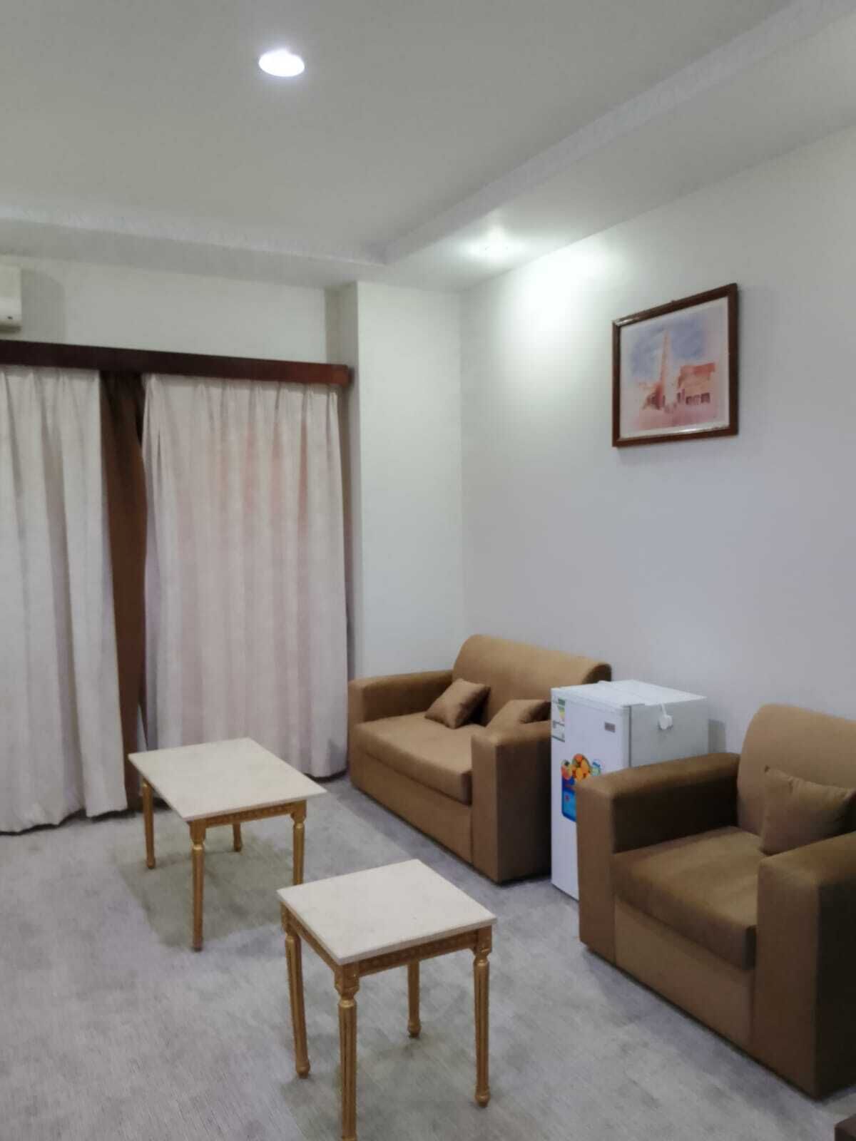 A living room with two sofas, a small table, a refrigerator, and a picture on the wall.