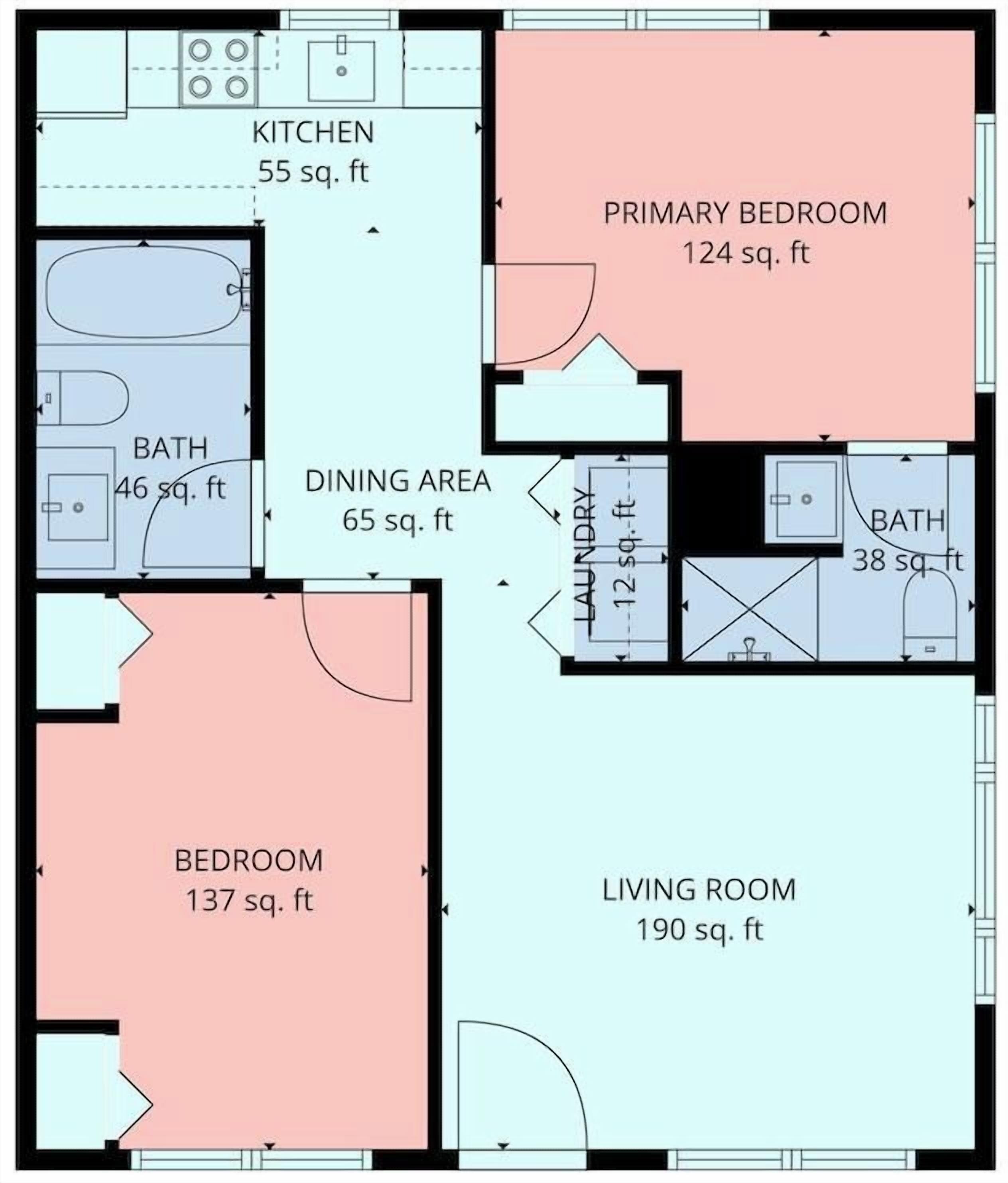 Ein Grundriss mit Küche, Essbereich, zwei Schlafzimmern, einem Wohnzimmer und zwei Bädern.