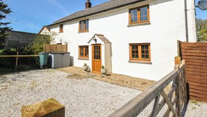 A two-story white house with a wooden door, multiple windows, and a gravel driveway. - Little Blagdon (Holsworthy)