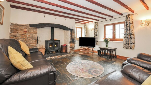A cozy living room with a fireplace, leather sofas, a flat-screen TV, and a stone fireplace surround. - Little Blagdon (Holsworthy)