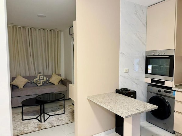 A compact living space with a sofa, a coffee table, a small kitchen area including a microwave and washing machine, and a marble backsplash.