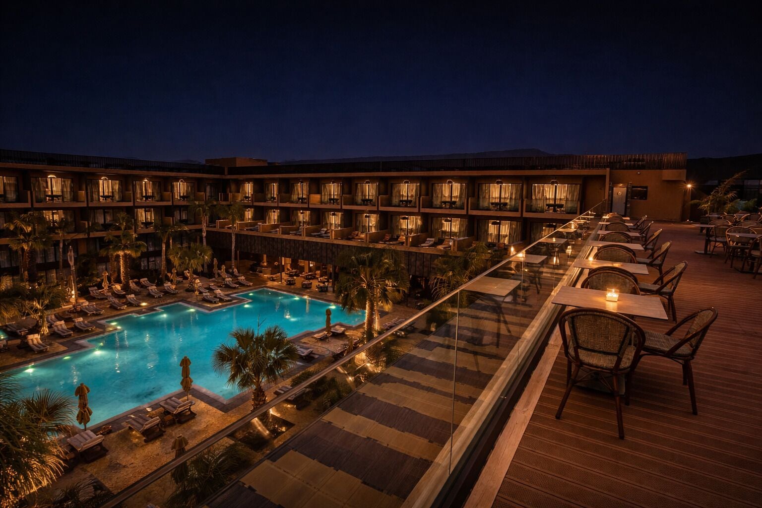 A hotel with a pool, outdoor seating, and a covered dining area.