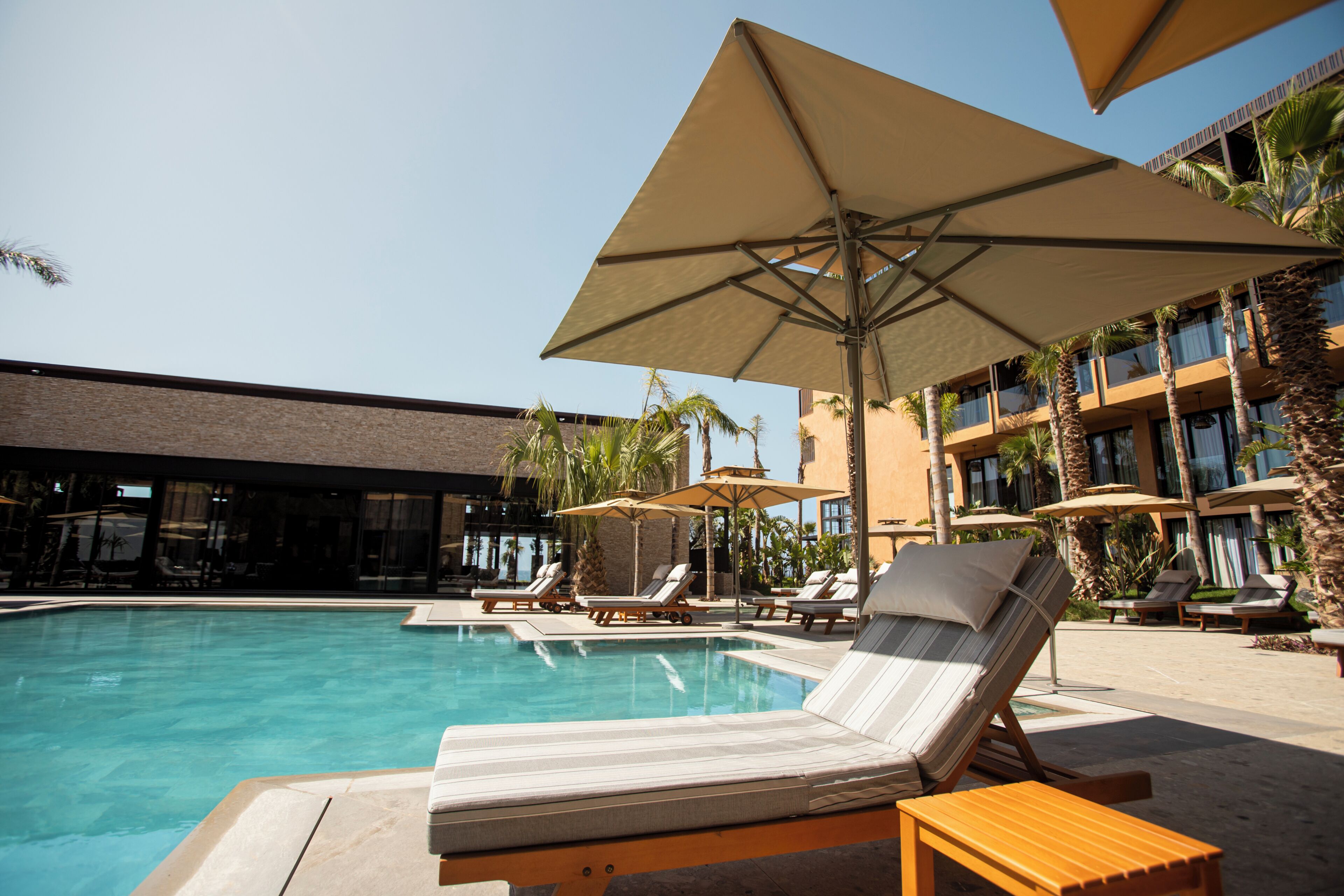 Zona de piscina con sillas de descanso y sombrillas, rodeada de palmeras y edificios modernos.