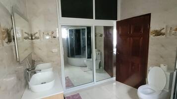 Shower, towels, soap, toilet paper