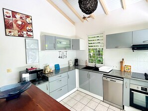 A modern kitchen with grey cabinets, a black countertop, and a window with a view of greenery. - Villa Annia (Saint-François)