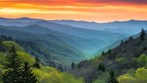 A mountainous landscape with dense forests and a valley.