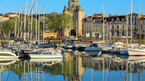 A marina with multiple boats docked, a prominent historical building in the background, and a clear blue sky.
