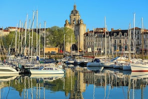 Un port de plaisance où sont amarrés de nombreux bateaux, un bâtiment historique imposant en arrière-plan et un ciel bleu dégagé.