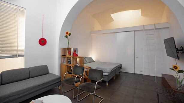 A compact living space with a sofa, a small table, a bookshelf, a bed, and a TV. - GuestHost - A practical and welcoming 50 square meters open-plan loft, perfect for two people, located on the ground floor of an elegant building with a courtyard.The property is located in the Prati district, one of Rome's most charming areas: our guest (Rome)