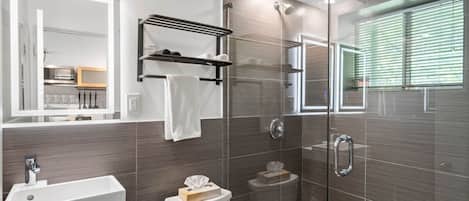 Shower, hair dryer, towels