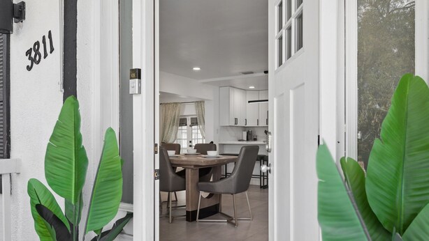 A modern kitchen with white cabinets, a dining area with a wooden table and chairs, and large green plants. - Sunny Terrace • Pool  Hot Tub • B-Ball CT•  Near Busch Gardens & USF • Sleeps 10 (Tampa)