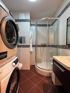 Shower, hair dryer, bidet, towels