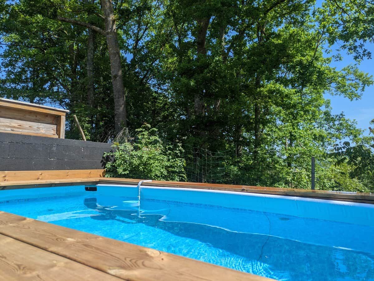 Una piscina con muelle de madera y pared de ladrillo en un área arbolada.