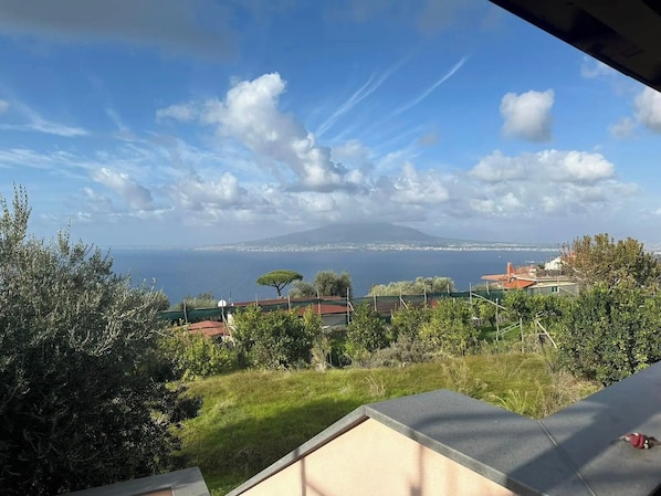A coastal view with houses, trees, and a distant mountain. - Il Casale del Sole (Vico Equense)
