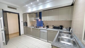 A modern kitchen with stainless steel appliances, a dishwasher, and a double sink. - Black & White: Modern & Spacious (Tunis)