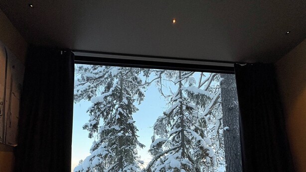 A bedroom with a large window overlooking snow-covered trees. - Unique, Modern Cabin at Blefjell (Flesberg)