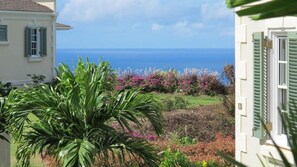 Blick auf ein Küstenanwesen mit einem Garten im Vordergrund und dem Meer im Hintergrund.