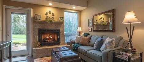 Smart TV, chimenea y libros