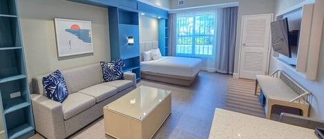 1 bedroom, desk, iron/ironing board, bed sheets