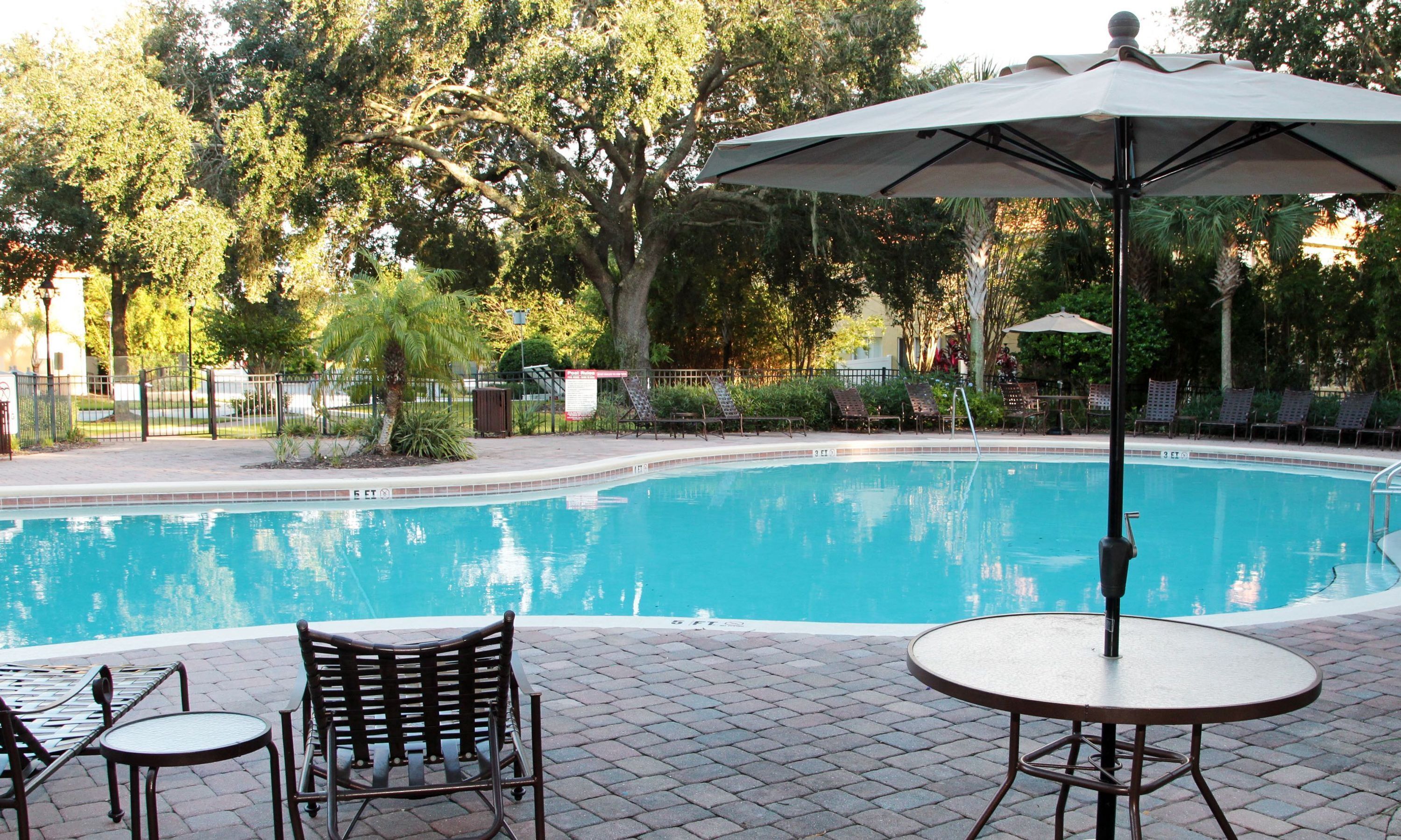 Une piscine entourée d’arbres et dotée d’une terrasse en briques, avec des chaises longues et un parasol.