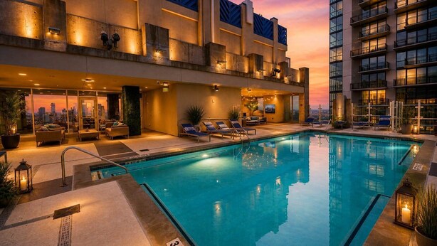 A rooftop pool with lounge chairs, a city view, and a modern building facade. - Midtown Atlanta 1BR Skyline Balcony Corner Condo by Piedmont Park | Luxe Pad (Atlanta)
