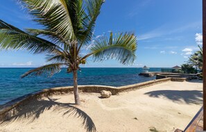 A beach with a palm tree, clear blue water, and a stone wall. - Teal Horizon~OceanfrontCaribbean Escape~Tower Isle (Tower Isle)