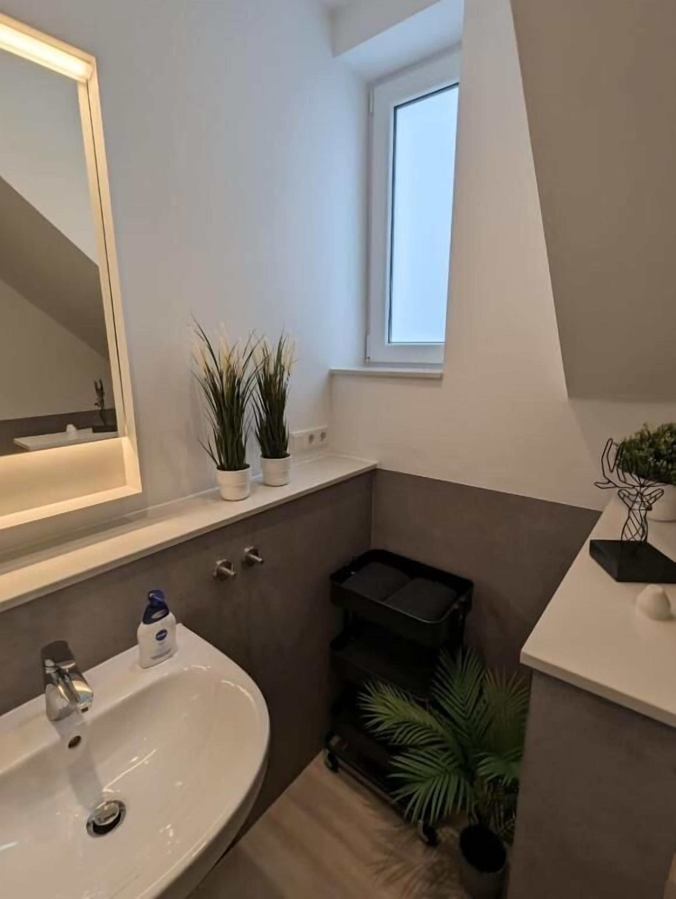 Un baño moderno con un espejo grande, un lavamanos, una ventana y plantas en macetas.