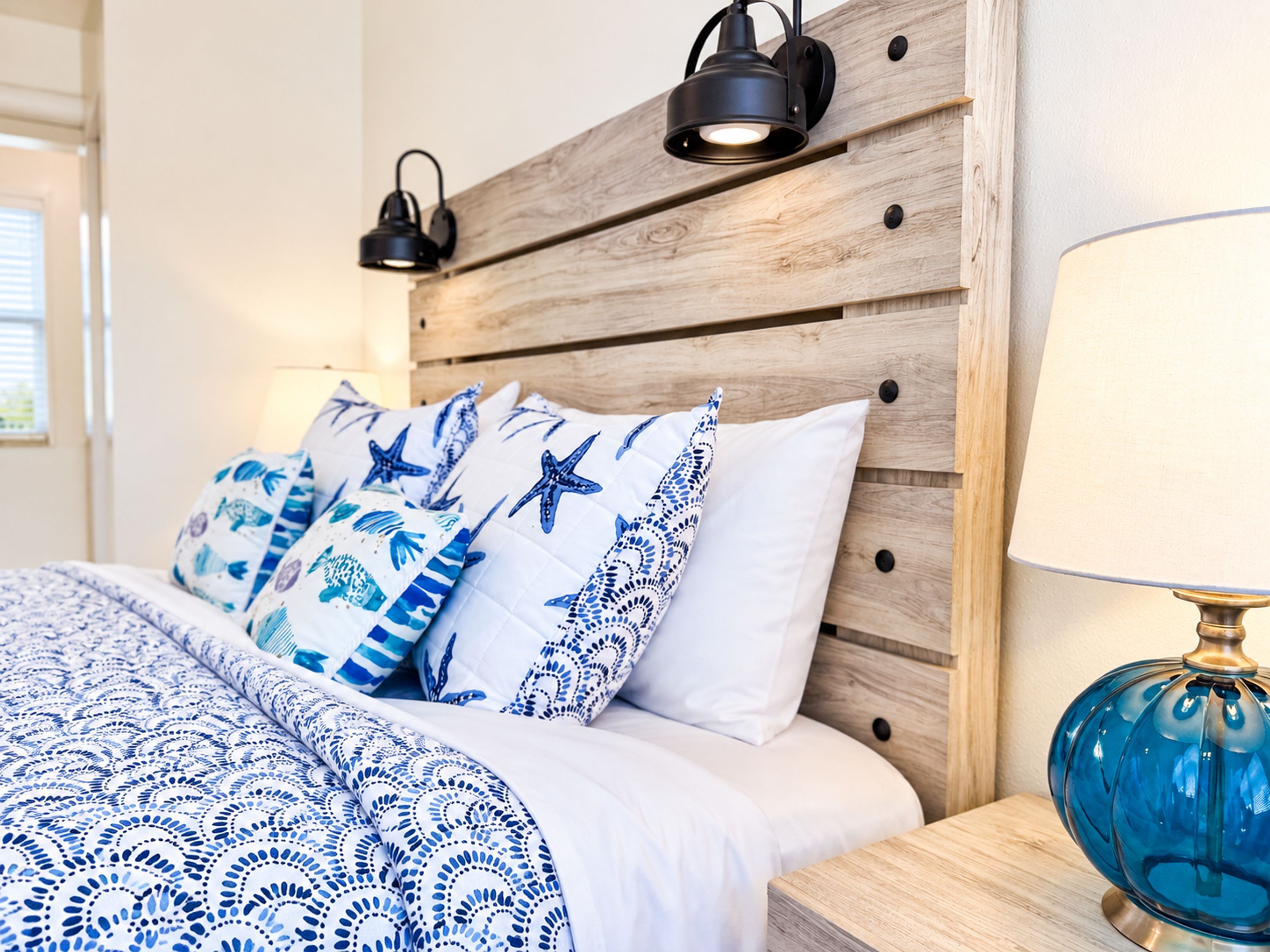 Ein Bett mit einem blau-weißen Musterzudecke, einem Holz-Kopfende mit Wandleuchten und einer blauen Nachttischlampe.