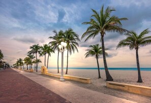A beach with palm trees and a paved walkway. - Exclusive studio steps to the beach with pool. (Hollywood)