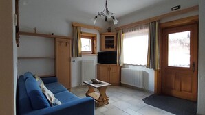 A living room with a blue sofa, a TV, wooden cabinets, a radiator, and a door with curtains.