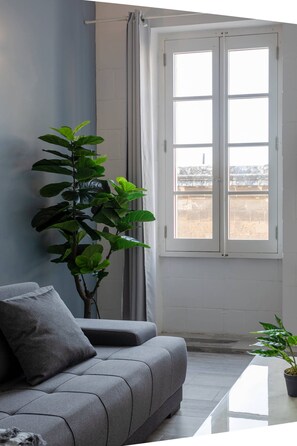 Un salon moderne avec un canapé gris, une plante en pot et une grande fenêtre ornée de rideaux blancs.