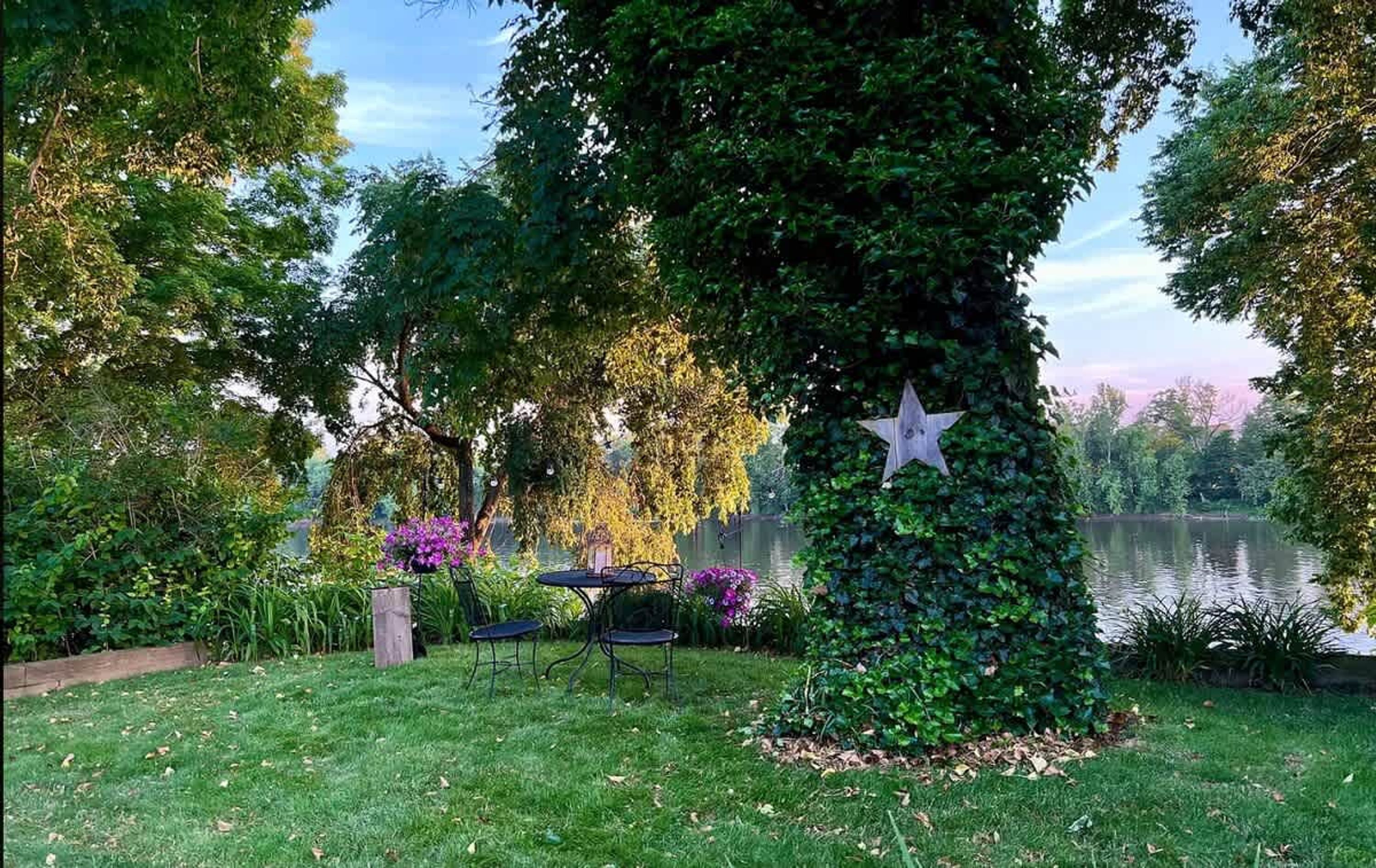 A serene garden with a pond, surrounded by lush greenery and a star decoration on a tree.