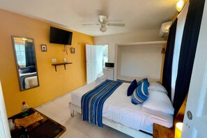 Une chambre d’hôtel équipée d’un lit, d’une tél évision, d’un ventilateur de plafond, d’un miroir et d’une fenêtre.