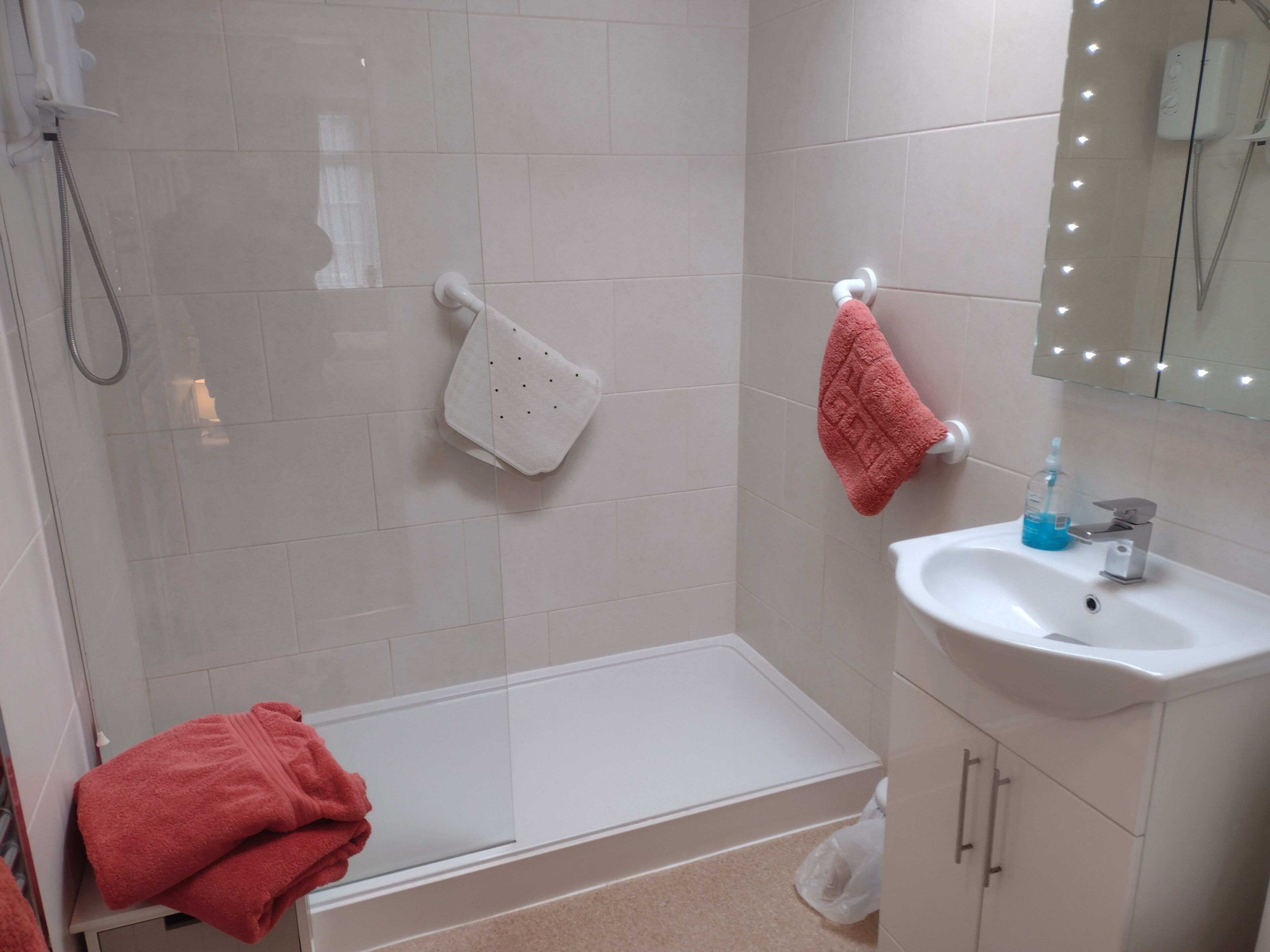 A bathroom with a shower, a sink, a mirror, and a towel rack.