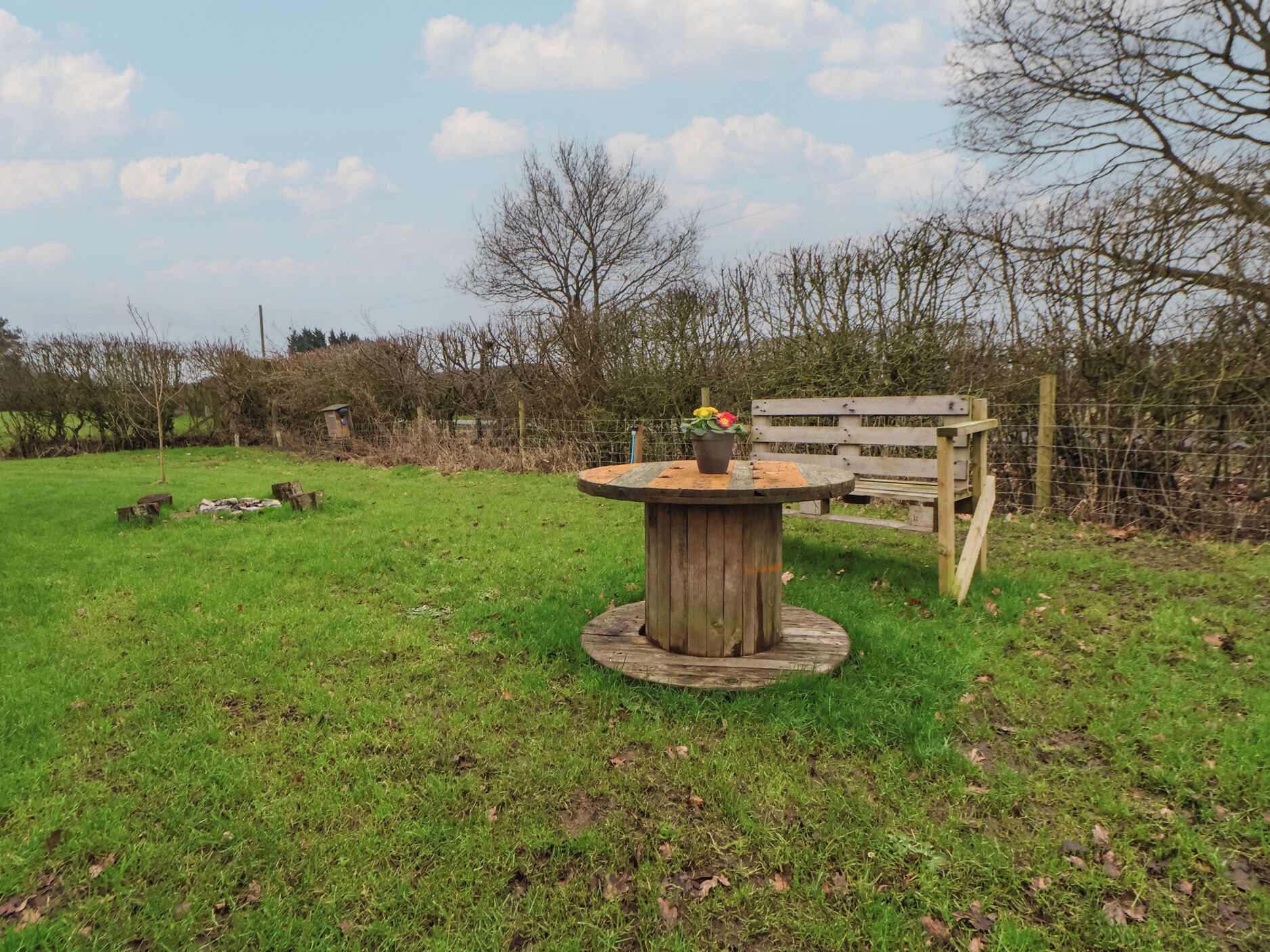Una mesa de madera al aire libre con una maceta, rodeada de césped, un banco de madera y una valla.