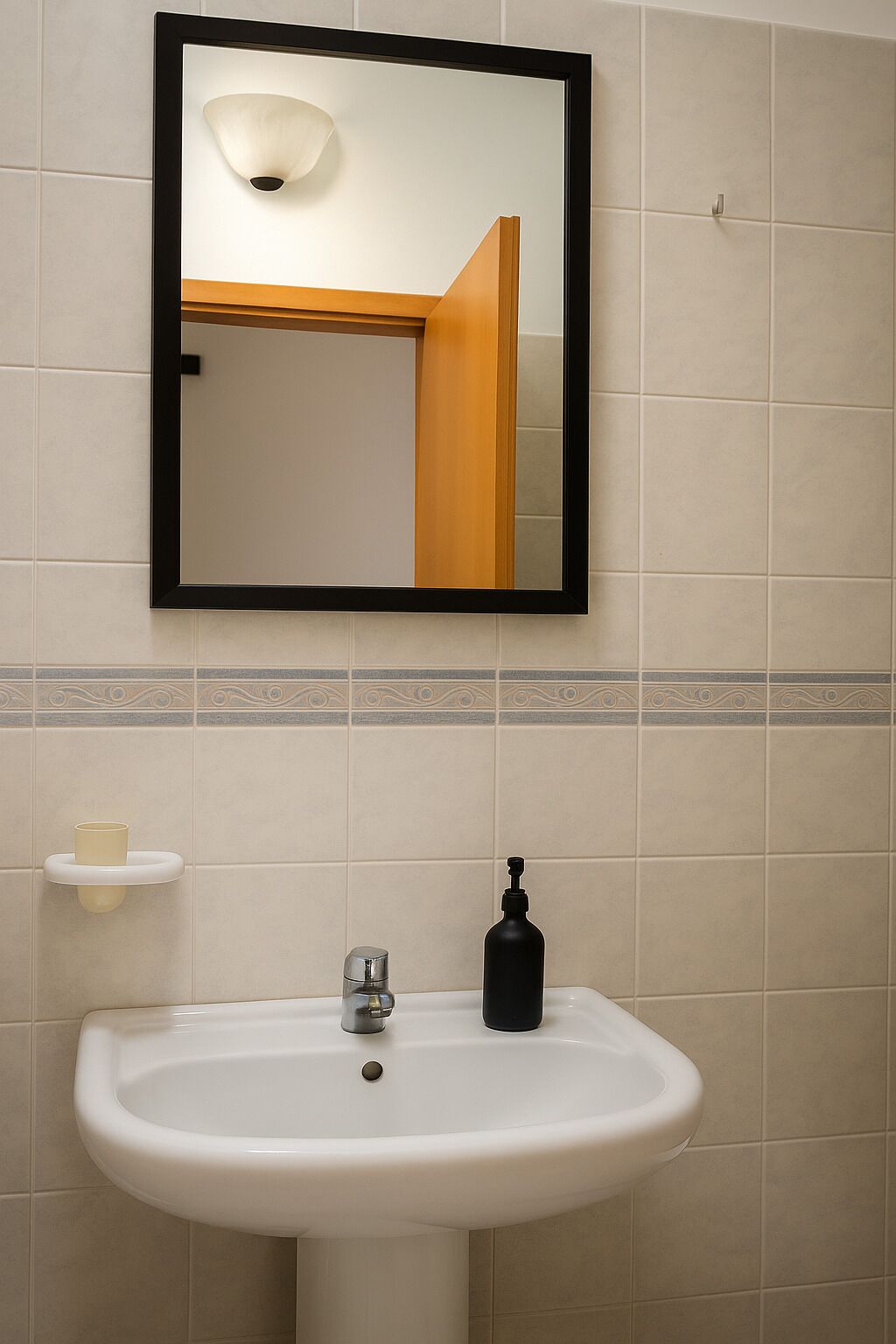 Une salle de bain avec un lavabo blanc, un distributeur de savon noir, un porte-gobelet blanc et un miroir avec un cadre noir.