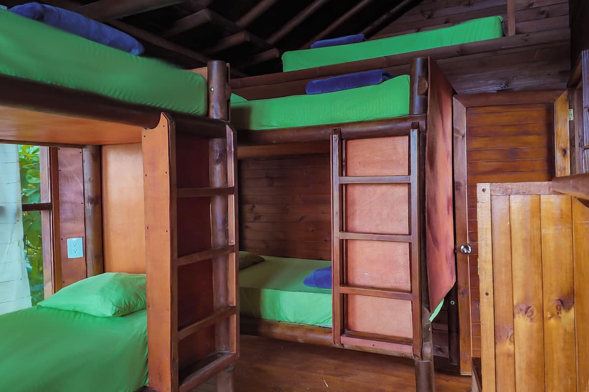 A wooden cabin with bunk beds, a wooden door, and a window.
