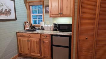 Fridge, microwave, coffee/tea maker, toaster