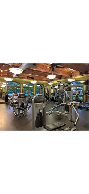 A gym with various exercise machines, large windows, and a wooden ceiling.