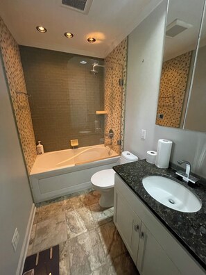 Jetted tub, towels, soap, toilet paper