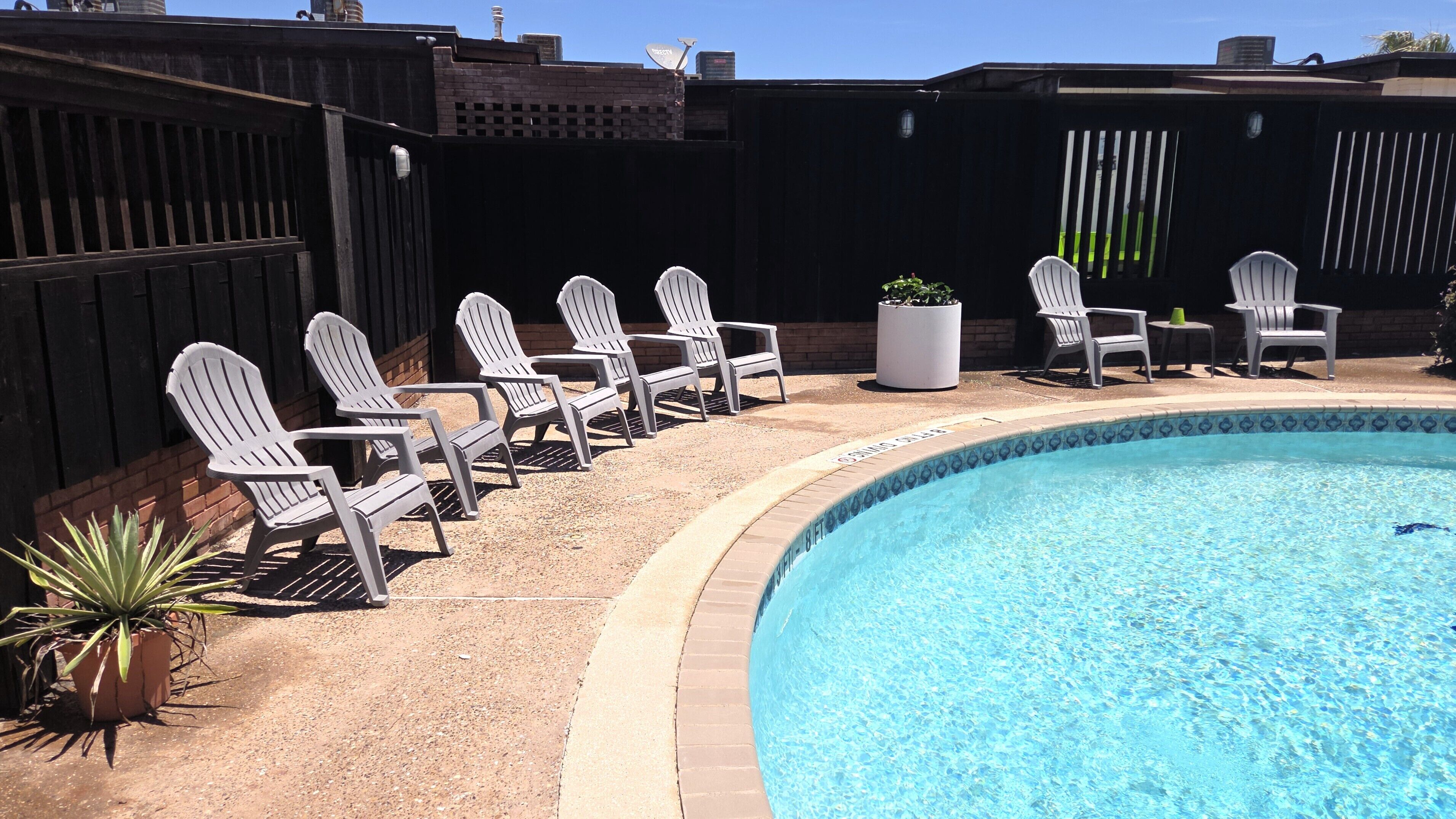 A swimming pool with a tiled edge, surrounded by white Adirondack chairs, a potted plant, and a brick wall.