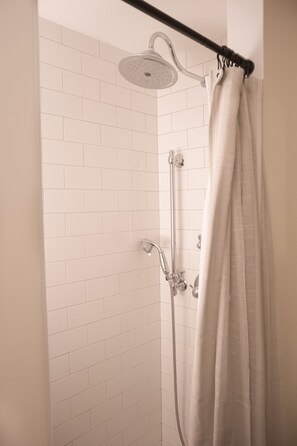 Hair dryer, towels, soap, shampoo
